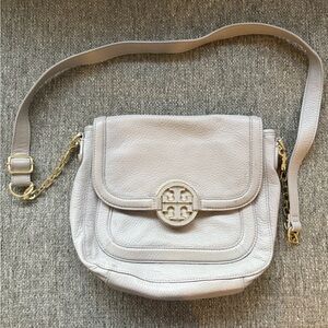 Tory Burch Pebbled Beige leather with a fold-over crossbody